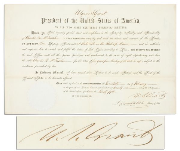 Ulysses S. Grant 1871 Document Signed as President
