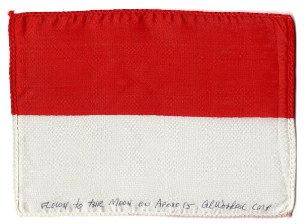 Apollo 15 Flown 6'' x 4'' Indonesia Flag -- Signed & Inscribed ''Flown to the Moon on Apollo 15'' by NASA Astronaut Al Worden -- Near Fine -- Also With COA by Worden