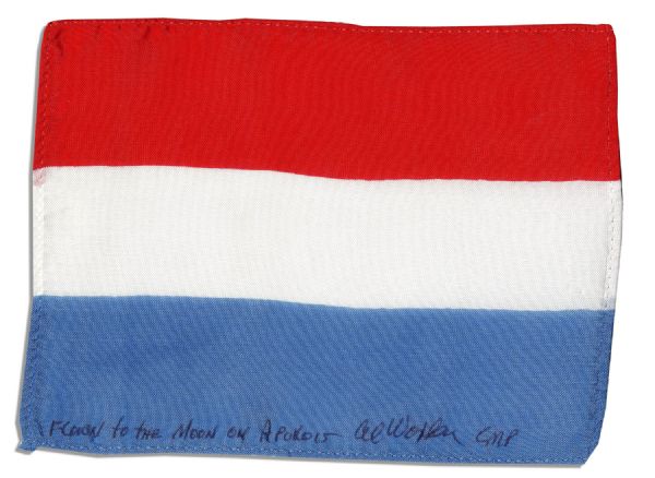 Apollo 15 Flown 6'' x 4'' Luxembourg Flag -- Signed & Inscribed ''Flown to the Moon on Apollo 15'' by NASA Astronaut Al Worden -- Near Fine -- Also With COA by Worden