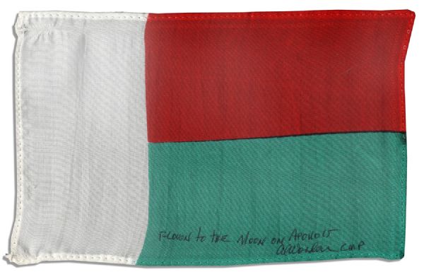 Apollo 15 Flown 6'' x 4'' Madagascar Flag -- Signed & Inscribed ''Flown to the Moon on Apollo 15'' by NASA Astronaut Al Worden -- Near Fine -- Also With COA by Worden