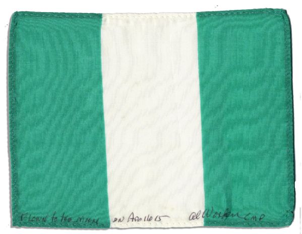 Apollo 15 Flown 6'' x 4'' Nigeria Flag -- Signed & Inscribed ''Flown to the Moon on Apollo 15'' by NASA Astronaut Al Worden -- Near Fine -- Also With COA by Worden