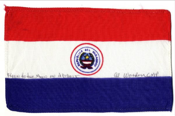 Apollo 15 Flown 6'' x 4'' Paraguay Flag -- Signed & Inscribed ''Flown to the Moon on Apollo 15'' by NASA Astronaut Al Worden -- Near Fine -- Also With COA by Worden