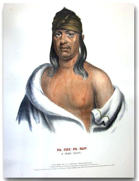 1837 McKenney & Hall Folio Color Print -- ''Pa-She-Pa-Haw Sauk Chief'' -- 13.5'' x 19.75''