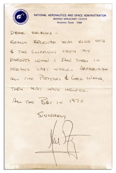 Neil Armstrong Autograph Letter Signed Immediately Following His Return From The Moon! -- ''...Appreciated all the prayers & good wishes, they must have helped...''