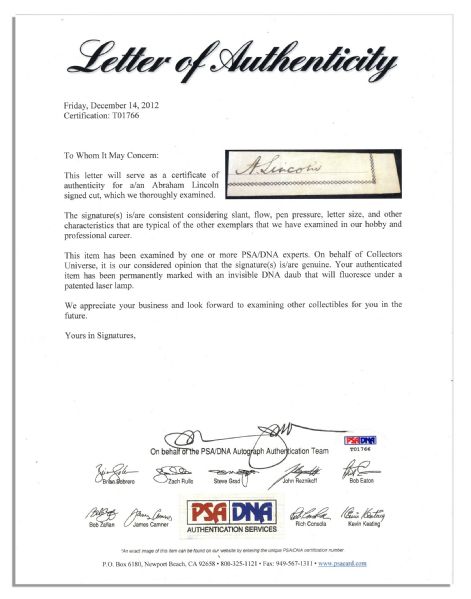 Abraham Lincoln Signature -- With PSA/DNA COA