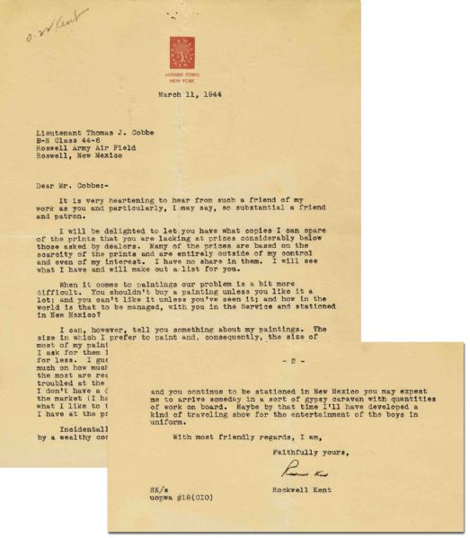 Rockwell Kent Typed Letter Signed -- ''...I need to sell paintings but am troubled at the same time by wanting to keep them...You shouldn't buy a painting unless you like it a lot...''