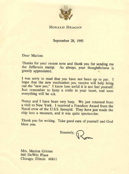 Ronald Reagan Typed Letter Signed -- ''...I received a Freedom Award from the Naval crew of the U.S.S. Intrepid. They have just made the ship into a museum, and it was quite spectacular...''
