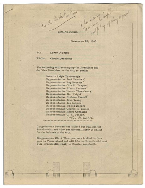 Notated Memo Regarding John F. Kennedy's November 1963 Trip to Texas -- Carried by Assistant Press Secretary Malcolm Kilduff