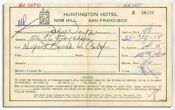 John Wayne 1971 Hotel Registration Card Signed -- 8'' x 5'' -- Near Fine