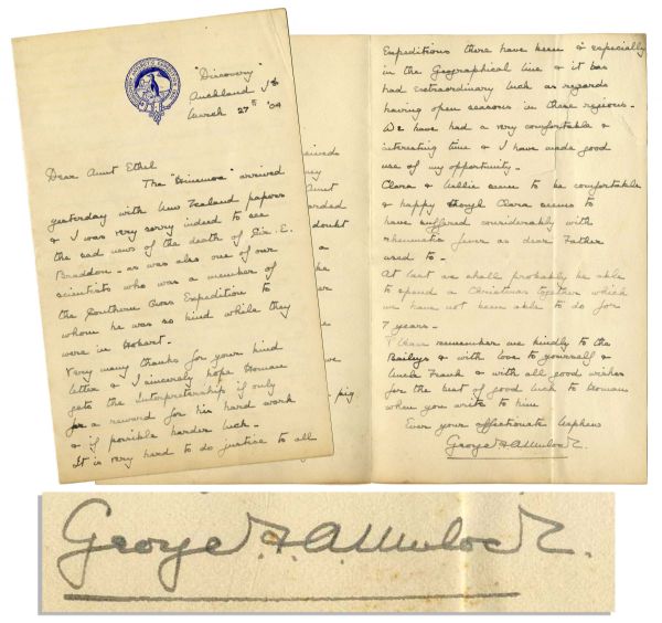 Antarctic ''Discovery Expedition'' Autograph Letter Signed -- Written by George F.A. Mulock, Who Replaced Ernest Shackleton as the Expedition's Third Lieutenant