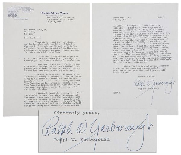 Eyewitness Letter Recounting JFK's Assassination by Texas Senator Ralph Yarborough -- ''...I distinctly heard the three rifle shots with loud blasts...''