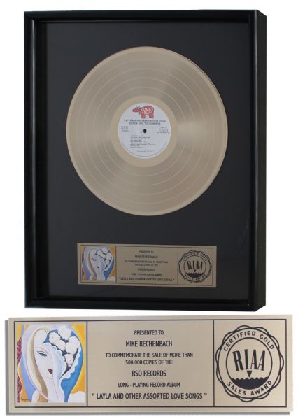 Eric Clapton RIAA Gold Record Award for 1970 Album ''LAYLA and other assorted love songs''