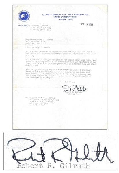 Roger Chaffee's Original Astronaut Acceptance Letter -- Signed By NASA Director Gilruth -- ''...It is a great pleasure to inform you that you have been selected...to participate in Astronaut...