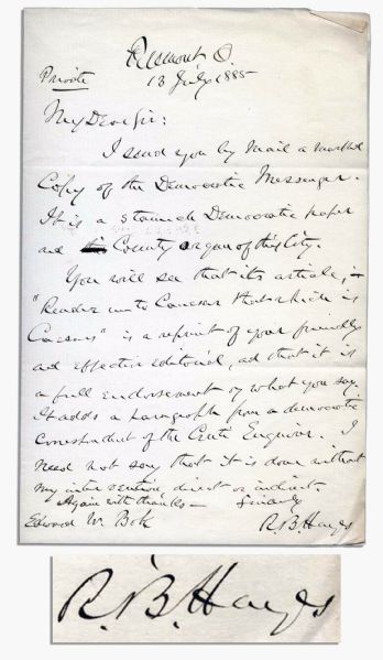 Rutherford B. Hayes Autograph Letter Signed -- ''I send you...a...copy of the Democratic Messenger...its article, -- 'Render unto Ceasar that which is Ceasar's' is a full endorsement of what you...