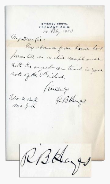 Rutherford B. Hayes Autograph Letter Signed From 14 February 1883 to Magazine Editor and Pulitzer Prize Author Edward Bok