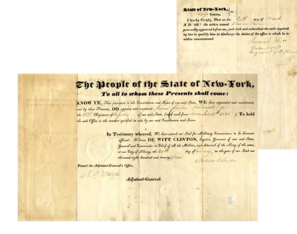 DeWitt Clinton Document Signed as New York Governor -- 1827 Military Appointment 