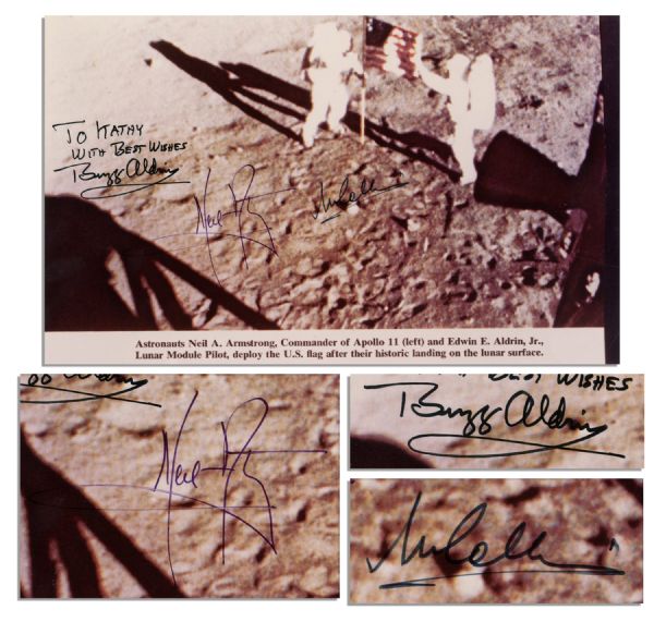 Coveted Apollo 11 Signed Photo -- Signed by All 3 Crew Members Showing Armstrong & Aldrin Putting the U.S. Flag Into the Lunar Surface -- With PSA/DNA COA