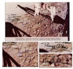 Coveted Apollo 11 Signed Photo -- Signed by All 3 Crew Members Showing Armstrong & Aldrin Putting the U.S. Flag Into the Lunar Surface -- With PSA/DNA COA