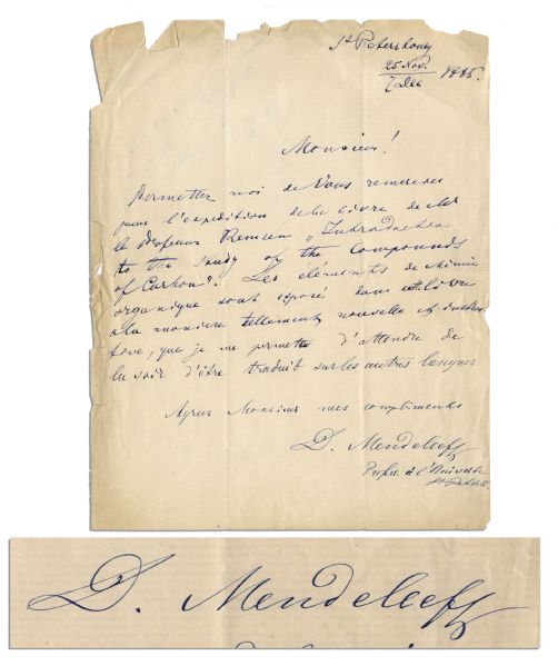 Russian Chemist Dmitri Mendeleev Autograph Letter Signed -- ''...The elements of organic chemistry are represented in such a new way...'' -- Scarce