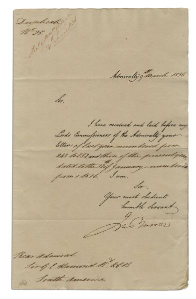 Arctic Pioneer Sir John Barrow Letter Signed From 1836