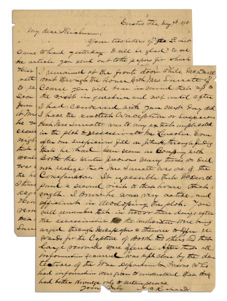 Lincoln Assassination Letter From Lead Detective -- ''...during my conversation with Mrs. Surratt...We did not realize that Mrs. Surratt was one of the conspirators...''