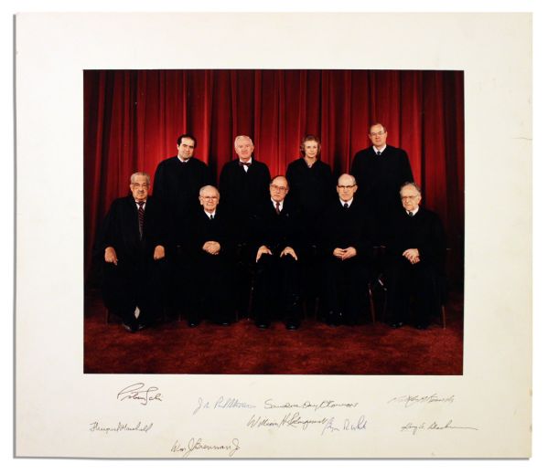 Rehnquist Supreme Court Signed Photo -- All Nine Justices Sign Including William Rehnquist, Sandra Day O'Connor & Thurgood Marshall -- 19.25'' x 16.25''