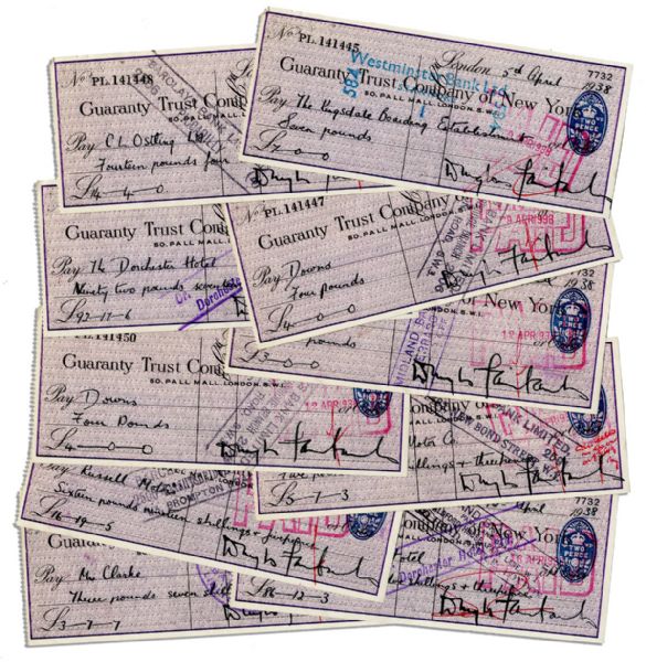 Douglas Fairbanks, Sr. 1938 Single Signed Checks -- Lot of 10