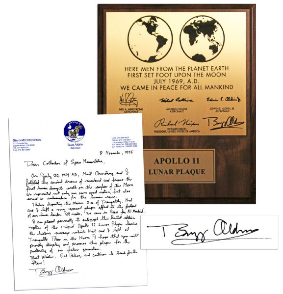 Buzz Aldrin Autograph Letter Signed and Limited Edition Apollo 11 Lunar Plaque Signed -- ''...Neil Armstrong and I fulfilled the ancient dreams of mankind...''

