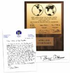 Buzz Aldrin Autograph Letter Signed and Limited Edition Apollo 11 Lunar Plaque Signed -- ...Neil Armstrong and I fulfilled the ancient dreams of mankind...

