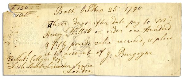 British General John Burgoyne 1790 Document Signed -- Rare Document Signed by Man Who Surrendered to America at Saratoga
