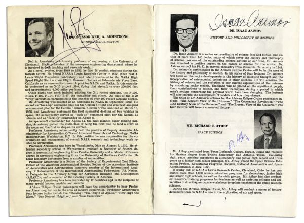 Neil Armstrong, Isaac Asimov & Scott Carpenter Signed 1973 Pamphlet -- With PSA/DNA COA