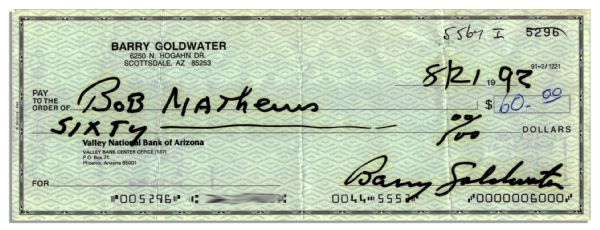Barry Goldwater Single Signed Check -- 21 August 1992 -- Printed with Goldwater's Scottsdale Home Address -- Valley National Bank of Phoenix -- 8.25'' x 3'' -- Near Fine