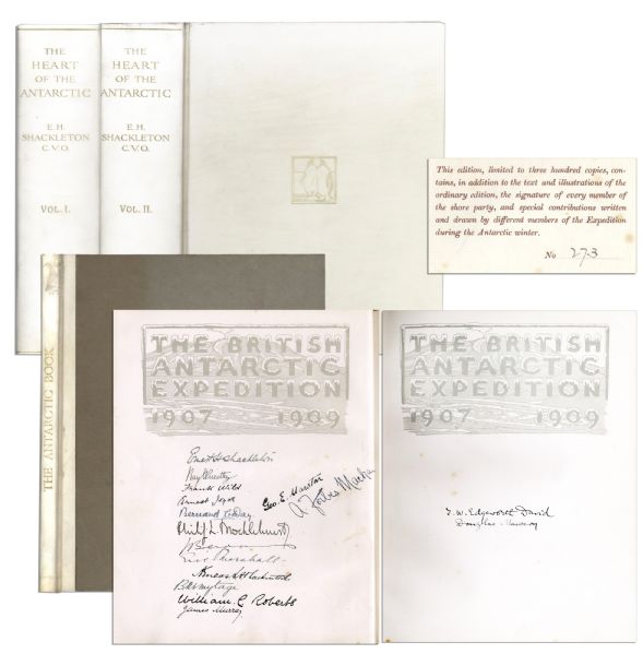 Ernest Shackleton & Crew Signed ''The Heart of the Antarctic. Being the Story of the British Antarctic Expedition 1907-1909'' Limited to Just 300 Copies, This Being All Three Volumes -- Scarce