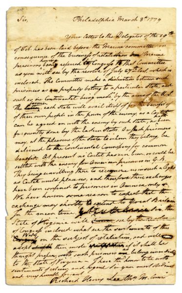 Richard Henry Lee Long 1779 Revolutionary War Dated Autograph Letter Signed to Patrick Henry -- Detailing How the British Were Unwilling to Exchange Prisoners of War With the Americans