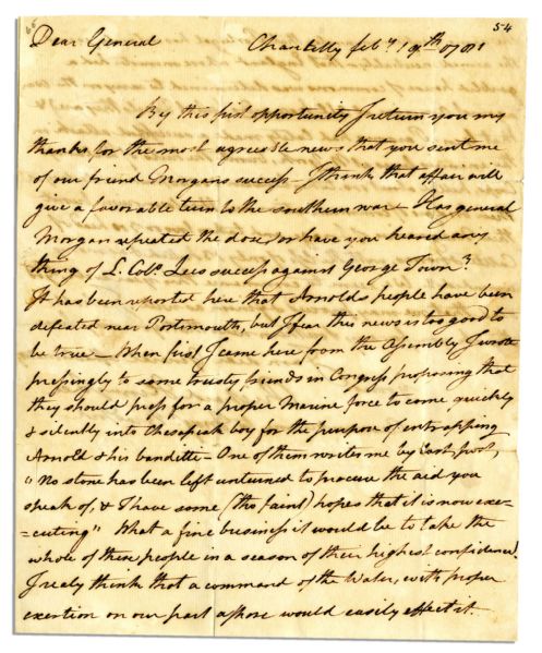 Colonial Patriot Richard Henry Lee 1781 Autograph Letter Signed -- ''...come quickly & silently into Chesapeake Bay for the purpose of entrapping Arnold & his banditti...''
