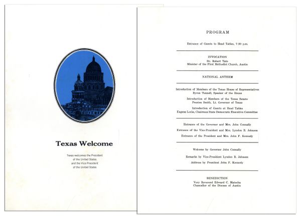 JFK ''Texas Welcome'' Dinner Program From 22 November 1963