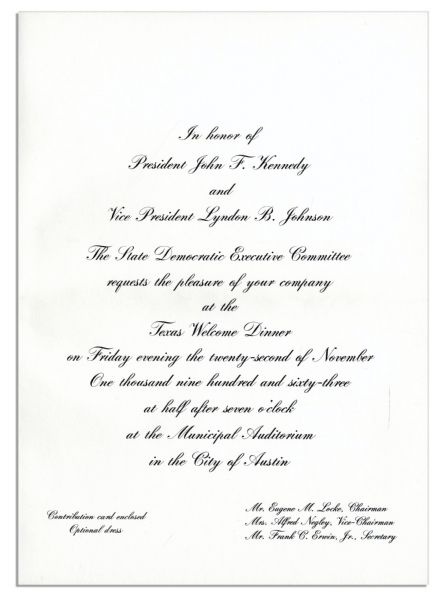 Invitation to JFK's ''Texas Welcome Dinner'' the Night of His Assassination