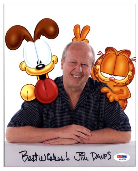 Jim Davis Signed 8'' x 10'' Photo of Himself With Garfield & Odie -- ''Best Wishes! Jim Davis'' -- Fine -- With PSA DNA COA
