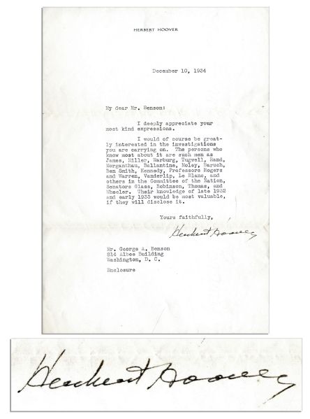 Herbert Hoover 1934 Letter Signed Regarding Investigations Into FDR's Gold Policy -- ''...I would of course be greatly interested in the investigations...knowledge of late 1932 and early 1933...''