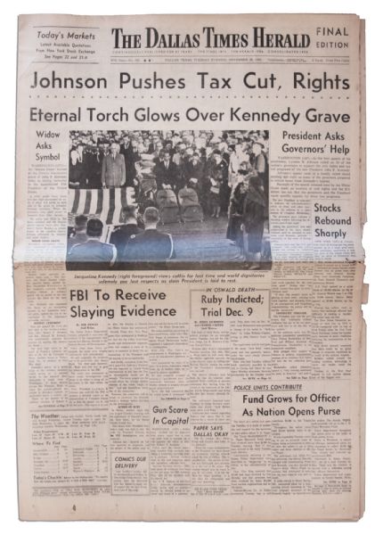 ''The Dallas Times Herald'' 26 November 1963 Evening Edition -- Headlines Include ''Eternal Torch Glows Over Kennedy Grave''