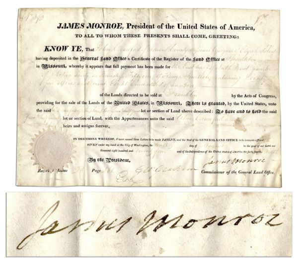 President James Monroe Document Signed -- 1824 Missouri Land Grant