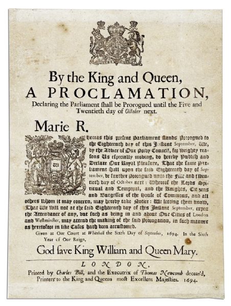 King William III and Queen Mary II 1694 Broadside Declaring The Suspension of Parliament