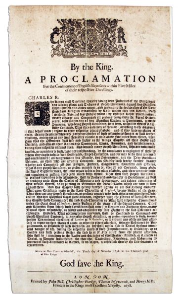 Broadside Issued by King Charles II in 1678 in Response to the Infamous ''Popish Plot'' Hoax -- Limiting ''Popish Recusants'' to a 5 Mile Radius of Their Residences