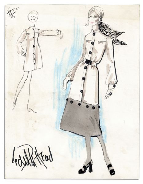 Edith Head Signed 9'' x 11.5'' Costume Sketch