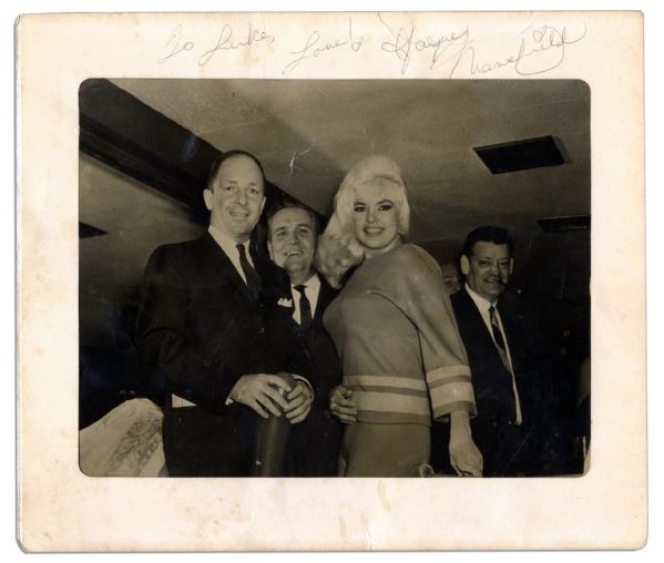 Jayne Mansfield Snapshot With Her Signed Autograph Inscription to Border -- 11'' x 9.5''