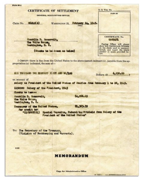 Very Scarce Internal Document to The Secretary of The Treasury Regarding FDR's Salary in 1945