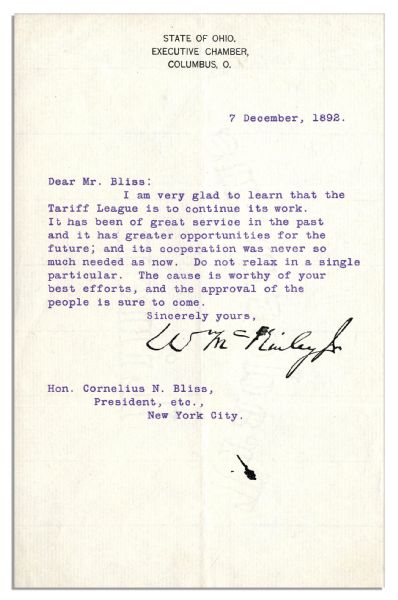 William McKinley Letter Signed as Governor of Ohio in 1892 -- ''...Do not relax in a single particular...''
