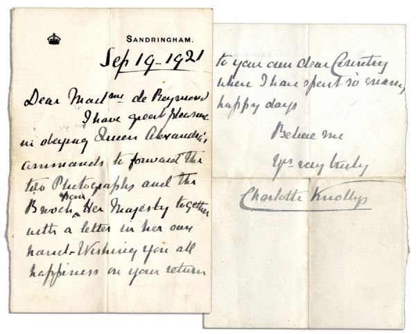 Queen Alexandra of Denmark's Personal Secretary's Autograph Letter Signed -- ''...obeying Queen Alexandra's commands to forward...this Brooch from Her Majesty...'' Upon Sandringham Stationery