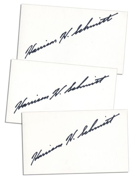 Three Signed Cards by Apollo 17 NASA Astronaut Harrison Schmitt -- As One of the Astronauts on the Last Mission of the NASA Lunar Program
