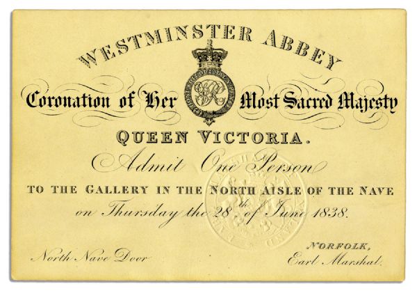 Ticket to the Coronation of Queen Victoria at Westminster Abbey